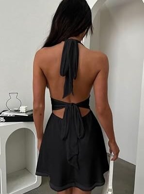51-Uzz19ZCL._AC_SY445_.jpg Women's Halter Deep V Neck Flowy Chiffon Bow Tie Backless Summer Mini Dress