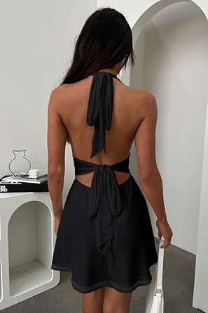 Women's Halter Deep V Neck Flowy Chiffon Bow Tie Backless Summer Mini Dress