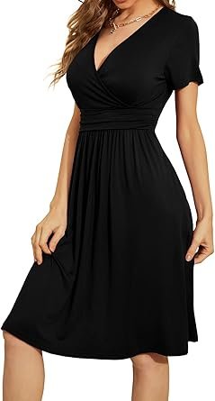 Women Short Sleeve Casual Dresses VNeck Floral Party Dress with Pockets