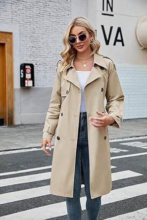 Women Double Breasted Long Windproof Classic Lapel Slim with Belt