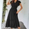 Women Dress Wrap Short Sleeve V Neck Ruffle ALine Flowy Wedding Guest Long Dresses