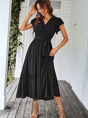 719u9hfbmIL._AC_SY445_.jpg Women Dress Wrap Short Sleeve V Neck Ruffle ALine Flowy Wedding Guest Long Dresses