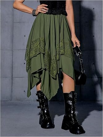 Women Renaissance Flowy Fairy Skirt Y2k Contrast Lace Layered Asymmetrical Midi Skirts