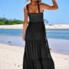 Women Casual Long Maxi Beach Vacation Dresses Sleeveless Square Neck Flowy Tiered Sun Dress with Pockets
