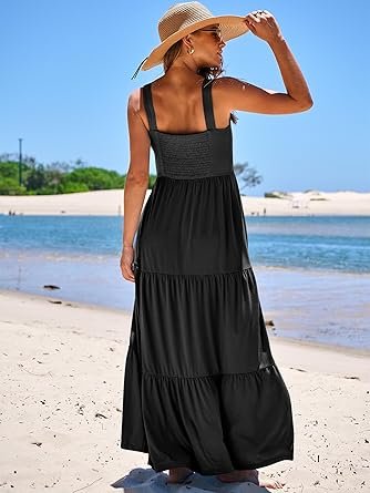 Women Casual Long Maxi Beach Vacation Dresses Sleeveless Square Neck Flowy Tiered Sun Dress with Pockets