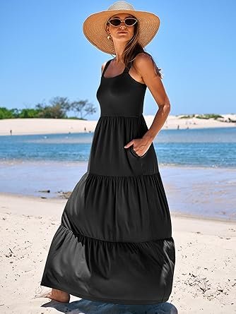 Women Casual Long Maxi Beach Vacation Dresses Sleeveless Square Neck Flowy Tiered Sun Dress with Pockets