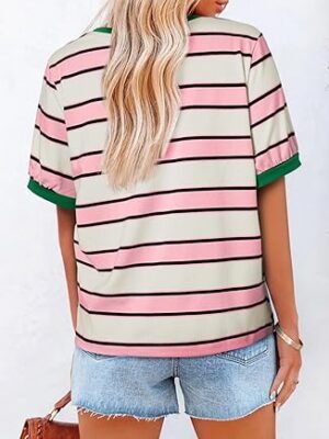 Womens Tops Striped Color Block Short Sleeve TShirts Crewneck Casual Loose Basic Tee Blouses