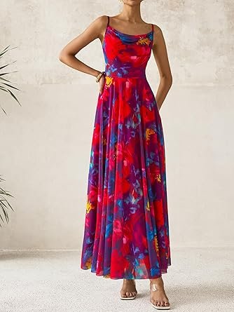 Women Floral Maxi Dresses Elegant Spaghetti Strap Dress Printed Party Dress Beach Long Dresses