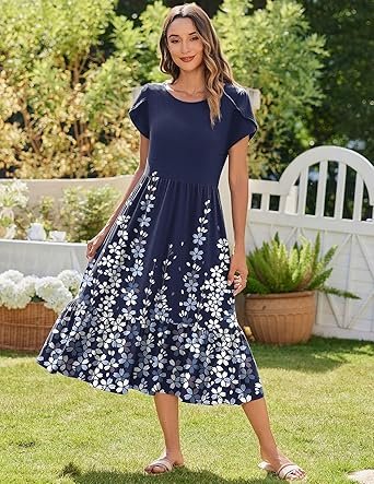 Women Dress Short Sleeve Casual Flowy Tiered Beach Long Sundress with Pockets 2025 Vacation Travel