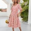 81pULrfknYL._AC_SX342_.jpg Women Casual Dress Floral V Neck Ruffle Short Sleeve Flowy Beach Dress with Pockets