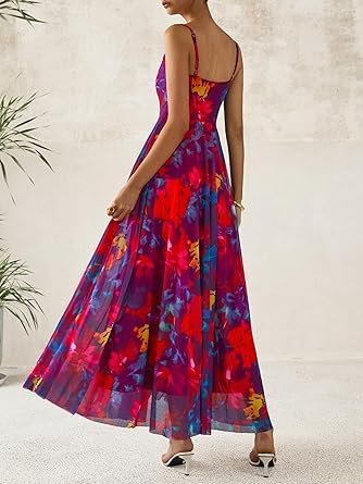 Women Floral Maxi Dresses Elegant Spaghetti Strap Dress Printed Party Dress Beach Long Dresses