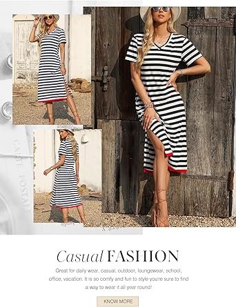 Casual Womens Fashion Short Sleeve Maxi Dress T Shirt Dress Striped Long Color Block Maxi Dress