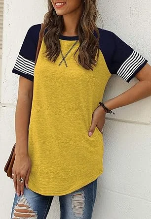 Adibosy Women Summer Casual Shirts: Short Sleeve Striped Tunic Tops Womens Crew Neck Tee Tshirt Blouses