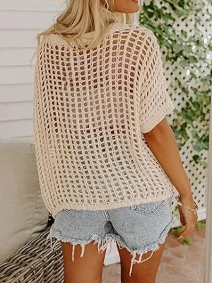 0010-1 Dokotoo Womens Summer Scoop Neck Short Sleeve Sweater Casual Crochet Hollow Out Knit Tops Pullover Shirts Beach Coverup