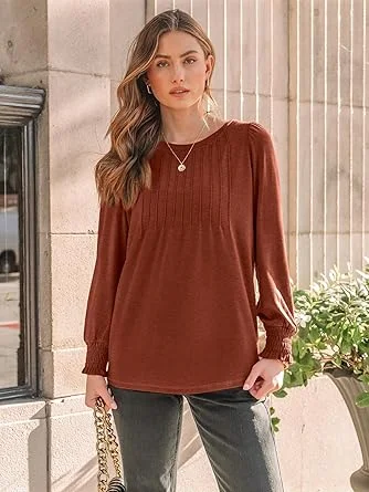 003-1 AUTOMET Long Sleeve Shirts Womens Pleated Business Casual Blouses with Smocked Cuffs