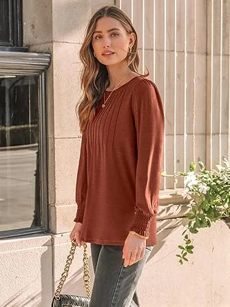 003-2 AUTOMET Long Sleeve Shirts Womens Pleated Business Casual Blouses with Smocked Cuffs