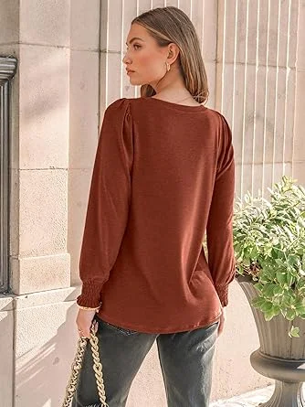 003-3 AUTOMET Long Sleeve Shirts Womens Pleated Business Casual Blouses with Smocked Cuffs