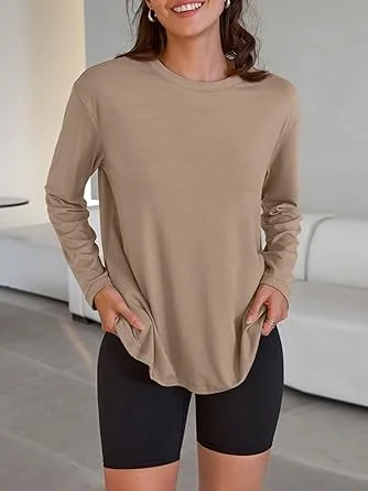 006-1 Trendy Queen Womens Oversized Long Sleeve T Shirts 2025 Basic Crewneck Tee Fall Tops Casual Workout Y2K Clothes