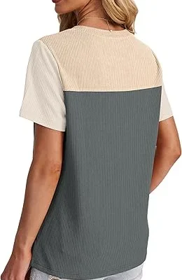 WIHOLL Womens Fashion 2025 Color Block Shirts Short Sleeve Crewneck Knitted Spring Summer Tops Casual Trendy