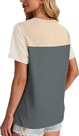 007-1 WIHOLL Womens Fashion 2025 Color Block Shirts Short Sleeve Crewneck Knitted Spring Summer Tops Casual Trendy