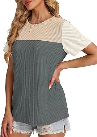 007-2 WIHOLL Womens Fashion 2025 Color Block Shirts Short Sleeve Crewneck Knitted Spring Summer Tops Casual Trendy