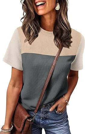 007-3 WIHOLL Womens Fashion 2025 Color Block Shirts Short Sleeve Crewneck Knitted Spring Summer Tops Casual Trendy