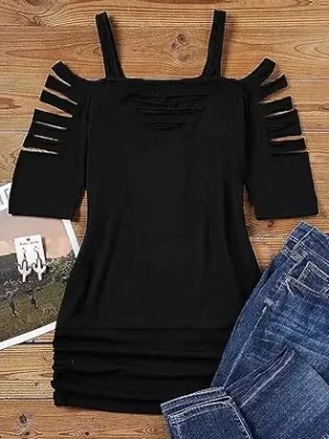01 Cut Out Cold Shoulder Square Collar Shirt Women Lacerated 34 Sleeve Blouse Cut Out Sexy Hollow Out Casual Tee Tops