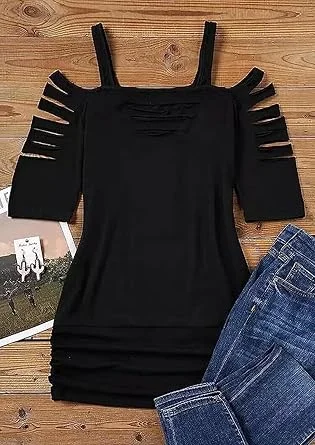 01 Cut Out Cold Shoulder Square Collar Shirt Women Lacerated 34 Sleeve Blouse Cut Out Sexy Hollow Out Casual Tee Tops