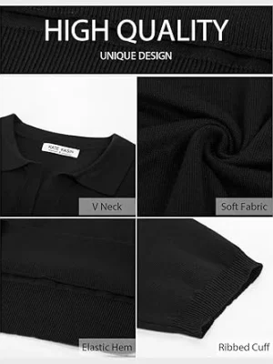 02-1 Kate Kasin Women Short Sleeve Polo Sweater V Neck Knitted Tops Casual Ribbed Shirt Loose Pullover Sweater