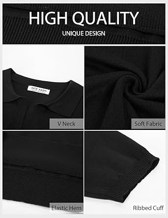 Kate Kasin Women Short Sleeve Polo Sweater V Neck Knitted Tops Casual Ribbed Shirt Loose Pullover Sweater