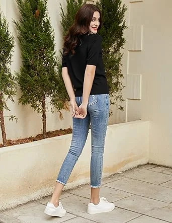 Kate Kasin Women Short Sleeve Polo Sweater V Neck Knitted Tops Casual Ribbed Shirt Loose Pullover Sweater