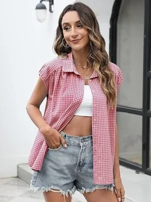 03-1、 LOMON Womens Button Down Shirts Short Cap Sleeve Summer Cotton V Neck Collared Stripes Blouses Casual Plaid Tops