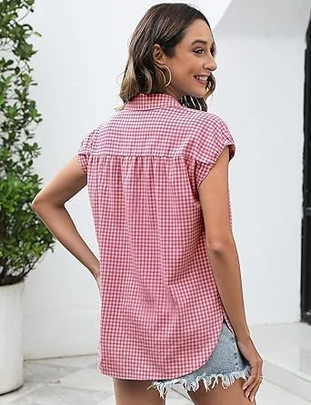 03-2 LOMON Womens Button Down Shirts Short Cap Sleeve Summer Cotton V Neck Collared Stripes Blouses Casual Plaid Tops