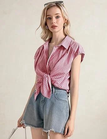 03-3 LOMON Womens Button Down Shirts Short Cap Sleeve Summer Cotton V Neck Collared Stripes Blouses Casual Plaid Tops