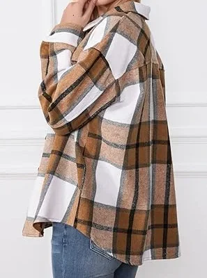 04-1 Trendy Queen Womens Flannel Shacket Casual Jacket Plaid Button Down Long Sleeve Shirt Fall Winter Outfits
