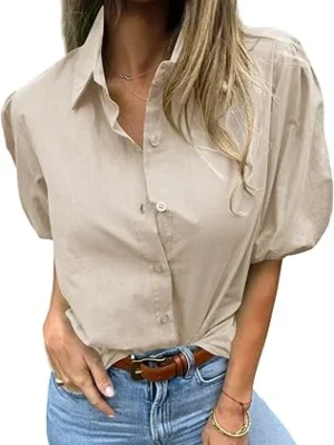 05-1 Tankaneo Women Button Down Shirts Short Puff Sleeve Collared Dressy Casual Blouse Tops