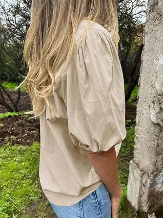 Tankaneo Women Button Down Shirts Short Puff Sleeve Collared Dressy Casual Blouse Tops