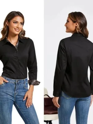 06-1 WARHORSEE Womens Cotton Button Down Dress Shirt Long Sleeve Easy Care Dressy Work Tops Business Casual Blouses for Women