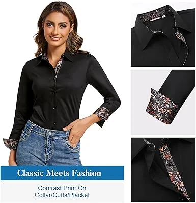 WARHORSEE Womens Cotton Button Down Dress Shirt Long Sleeve Easy Care Dressy Work Tops Business Casual Blouses for Women