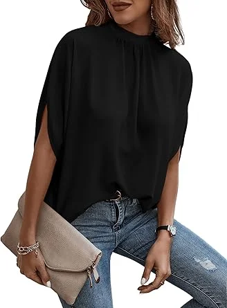 Verdusa Women Tie Back Dolman Sleeve Blouse Top Casual Dressy Mock Neck Going Out Tops